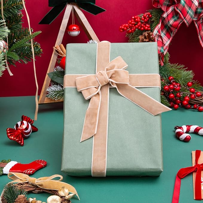 Vintage Camel Velvet Ribbon Christmas Ribbon for Gift Wrapping Crafts Christmas Tree Ornaments Garland Decorations, 1 Inch X 25Yd