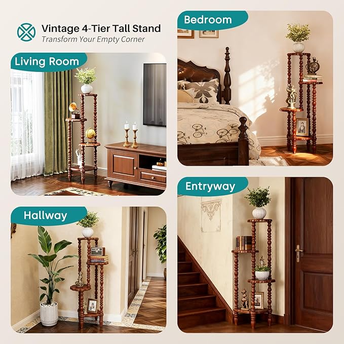 Wooden Plant Stand Indoor - 4 Tier 43.3" H Tall Classic Antique Vintage Heavy Duty Solid Wood Plant Stand Shelf for House Corner, Living Room, Bedroom, Entryway, Hallway, Garden, Balcony (Retro Brown)