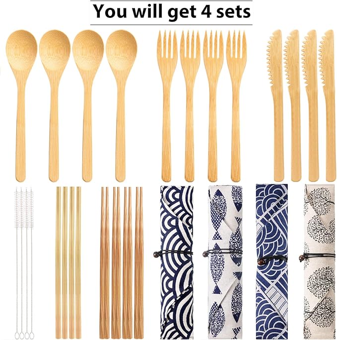 Boao 4 Sets Bamboo Utensils Wooden Utensils Set Japanese Style Reusable Cutlery Travel Chopsticks Fork Spoon Straw Portable Utensil Case for Travel Hiking Picnic Camping Cooking Kitchen(Chic Style)