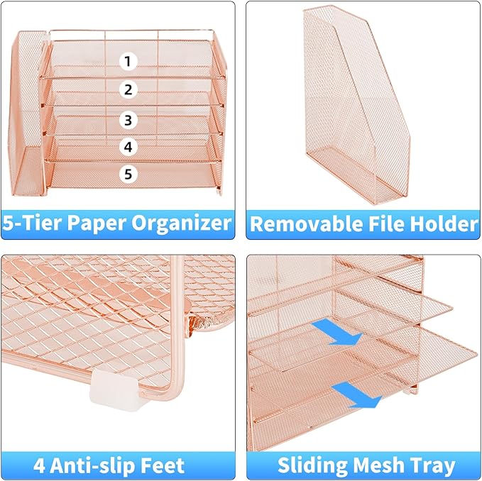 OPNICE 5-Tier Paper Organizer with Magazine Holder, Desk Organizers and Accessories, Office Desk Accessories & Workspace Organizers, Desktop File Organizer for Office Supplies Storage, Rose Gold