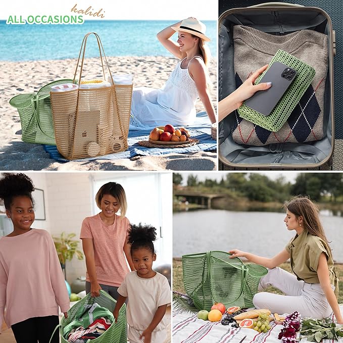 KALIDI BeachNylon Mesh Tote Bag, Casual Tote Bag Hobo Women Foldable MAX 23L Shoulder Bag For Beach Picnic Vacation
