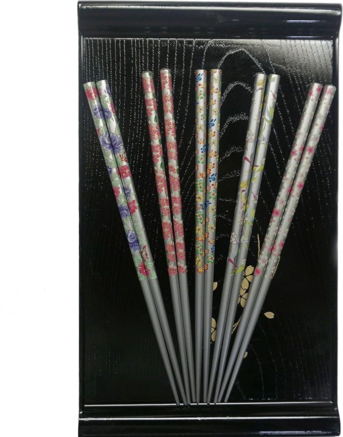 JapanBargain 4513, Reusable Bamboo Chopsticks Set, 5 Pairs Gift Boxed, 9 Inch Japanese Chinese Korean Wood Chopsticks Silver Flora Design, Dishwasher Safe, Hair Sticks