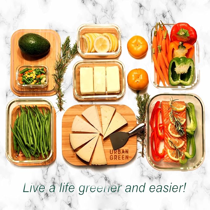 Urban Green Glass Container with Bamboo Lid, 2 Pack of 50oz, Large Glass food storage Container with Lids, Meal Prep Containers Set of 2