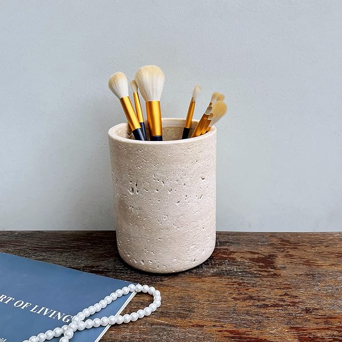 Handmand Natural Marble with Holes Stone Vintage Kitchen Utensil Holder - 5.1" D X 6.3" H Kitchen Counter Organizers and Storage Tool Crock (Beige Stone)