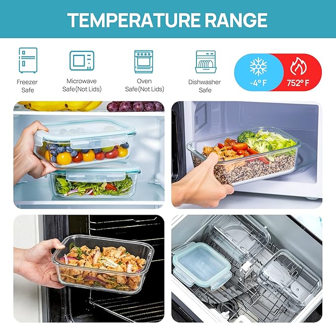 Vtopmart 2Pack 1500ml/50.7oz Large Glass Storage Containers with Lids, Meal Prep Food Container Set with Snap Airtight Lid for Baking, Microwave, Oven, Leak Proof, for Freezer, Dishwasher, Green