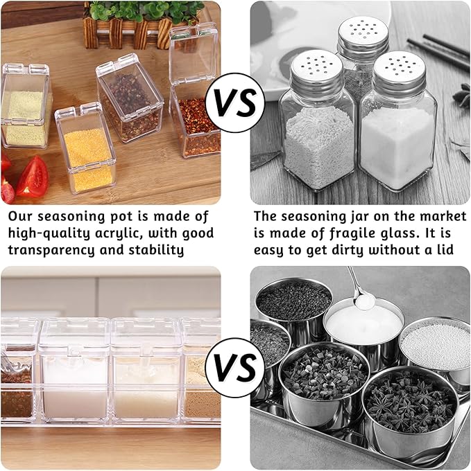 Seasoning Box Set, 4 Piece Clear Acrylic Spice Pots, Jars Condiment Containers with Cover and Spoon Seasoning Rack Storage Container Kitchen Cooking Organizer Tools for Spice Salt Sugar Cruet