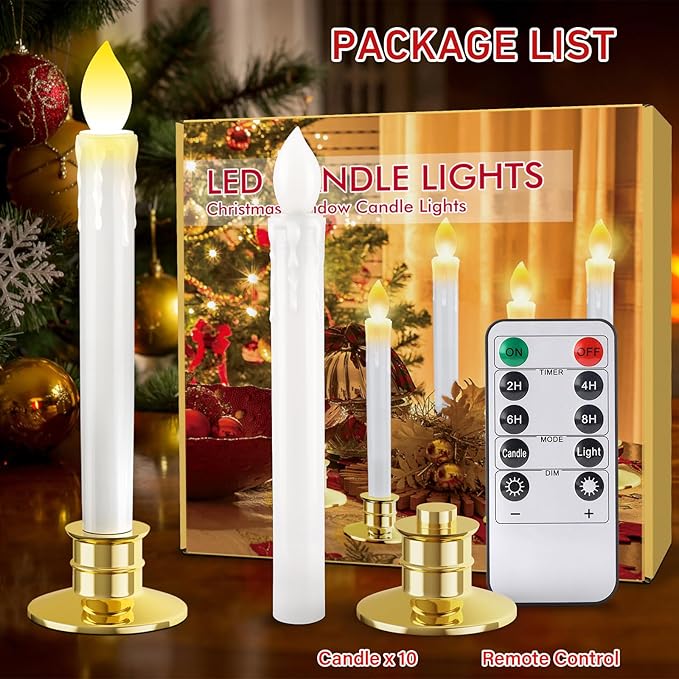 10 Pack Christmas Window Candles with Remote: Battery Operated LED Candles with Drip Texture with Timer - Flickering Flameless Candles with Candlesticks for Home Decor Christmas Halloween Wedding