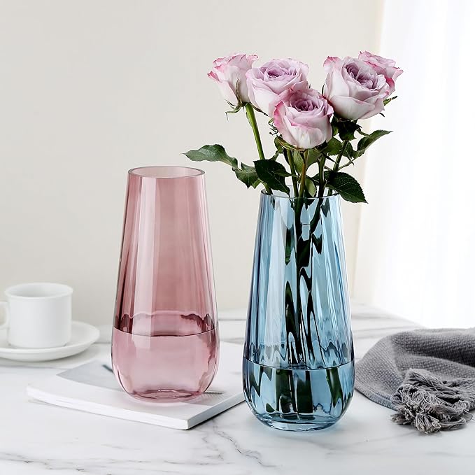 Modern Large Glass Vase H-9.8" Blue Vases for Flowers, Centerpieces and Decorative Accents - Tall Plant Vase for Office Home Table Decor