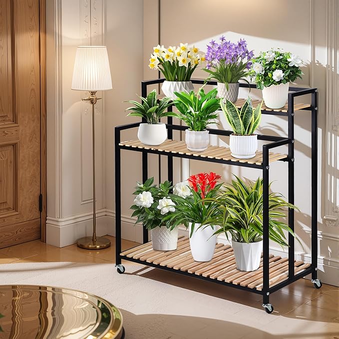 3-Tier Plant Shelf Modern Rolling Plant Stand with Rustic Wood and Iron Frame. for indoor/outdoor use in Living Spaces or Patio.Space spare,Robust Pine,Easy Assembly