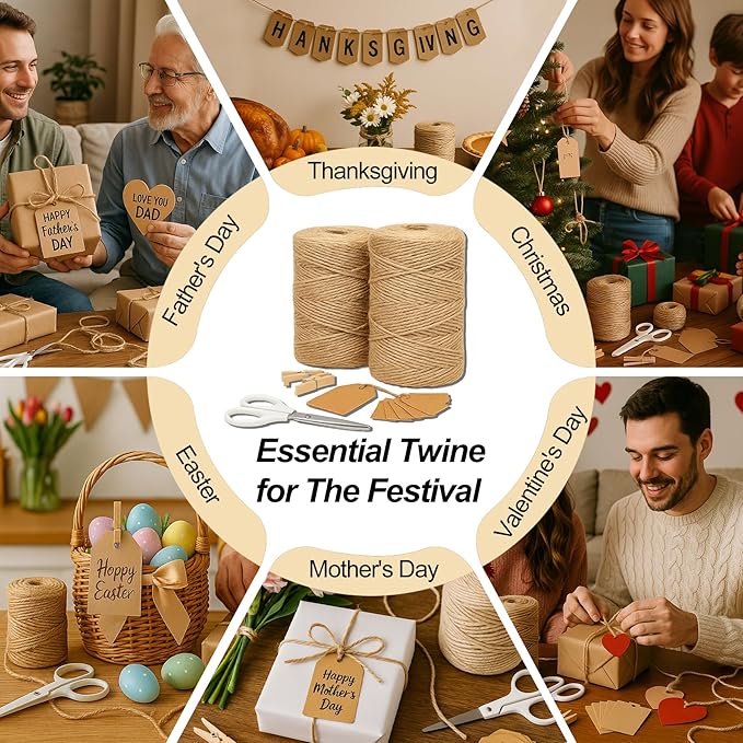 5 Pack Natural Twine String Suit: Jute Twine for Crafts Gardening Gift Wrapping Home Decor Knitting - 2mm 1200 Feet Jute Rope Twisted from 3 Ply - Suitable for Handicraft and Gardening Enthusiasts