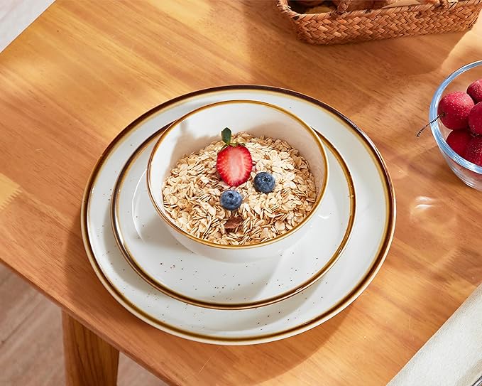 ONEMORE Plates and Bowls Set, Dinnerware Sets for 4, Porcelain Kitchen Dishes Set 12pcs, Scratch Resistant, Modern Aesthetic Dishware Sets- Microwave & Dishwasher Oven Safe,Farmhouse Style Cream White