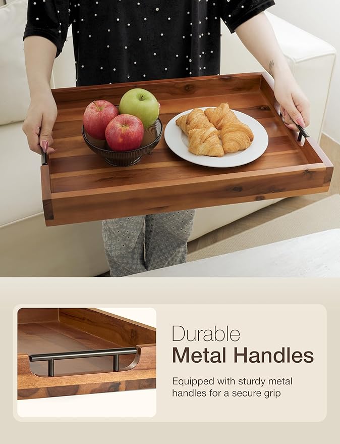 20 Inch Acacia Wood Ottoman Tray for Living Room - Coffee Table Trays, Serving Tray with Handles for Ottoman Table, Decorative Trays for Home Decor, Charcuterie Boards (Acacia Color)