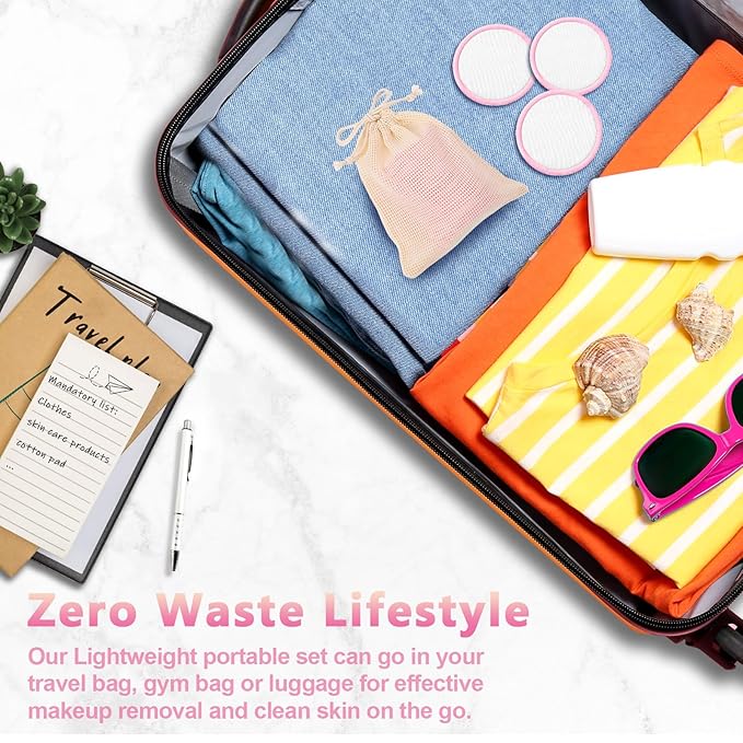 Foaincore 40 Pcs Reusable Makeup Remover Pads with Mesh Laundry Bag Washable Bamboo Cotton Rounds Soft Reusable Face Pad for Toner Skin Types with Bamboo Holder(White Pink)