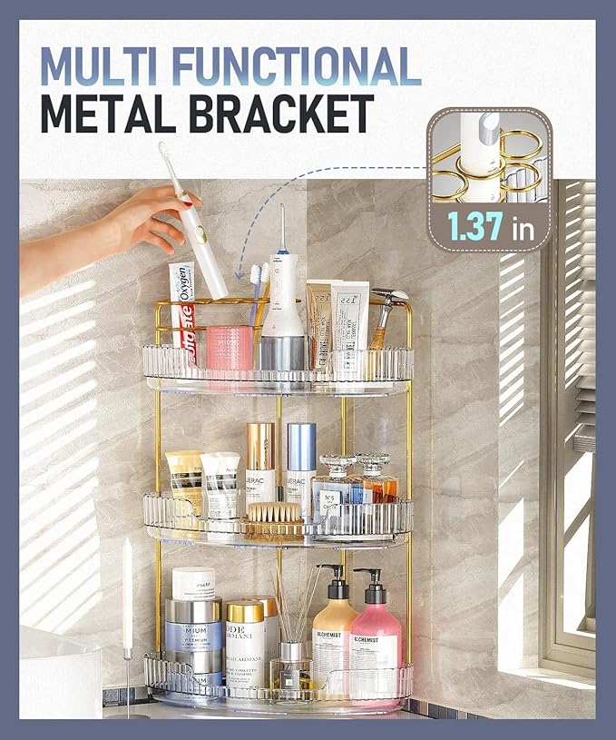 3-Tier Corner Bathroom Counter Organizer Makeup Cosmetic Storage, Tool-Free Installation Acrylic Vanity Shelf, Countertop Storage Organizers Perfume Tray for Bathroom, Dresser, Kitchen (Clear)