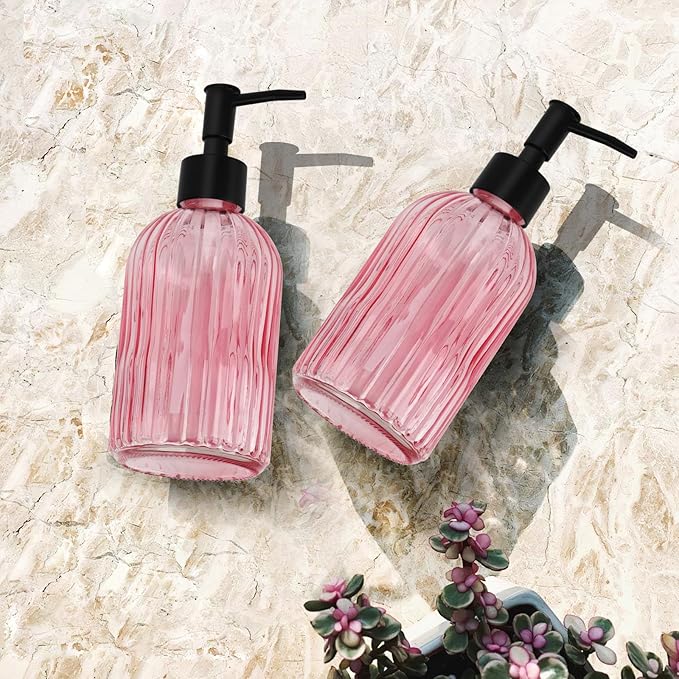 Glass Soap Dispenser with Plastic Pump, Hand Soap Dispenser for Hand Wash, Lotion Dispenser for Dishwashing Liquid, Lotion Shower Gel (Striped Pink)