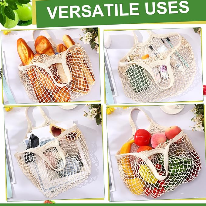 Paterr 80 Pack Cotton Mesh Produce Bags Bulk Reusable Market Bag Washable Net Grocery Purse String Shopping Tote Beach Organizer for Vegetable Fruit Picnic Food Storage (Short Handle,Beige)