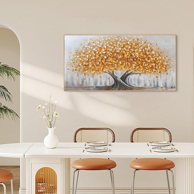 Gold Tree of Life Canvas Wall Art, Modern Abstract Textured Painting, Large Framed Panoramic Landscape Artwork for Living Room, Bedroom, Office, Home Decor 40"x20"