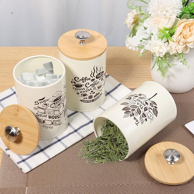 3 Pcs Vintage Tea Coffee Sugar Canister Set with Bamboo Lid, 30 oz Metal Vintage Coffee Tea Sugar Container Set for Home Countertop Pantry Farmhouse Decor