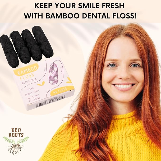 ECO ROOTS Organic Bamboo Floss Refill x4 Rolls, Eco Friendly Dental Charcoal Floss | Reusable & Vegan Bamboo Tooth Flossers | Zero Waste, Plastic Free, Biodegradable