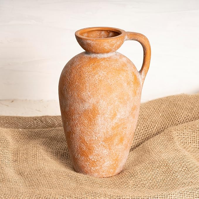 Terracotta vase with Handle, 10inch Boho Unique Textured Pottery, Rustic Farmhouse Decorative Ceramic vases for Flowers, Centerpieces, Living Room.