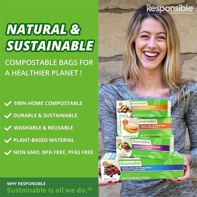 Responsible Products Certified Compostable Large GALLON Resealable Zip Bag, Extra Strength Food Bags, Made from Plant Materials (14 Pack)