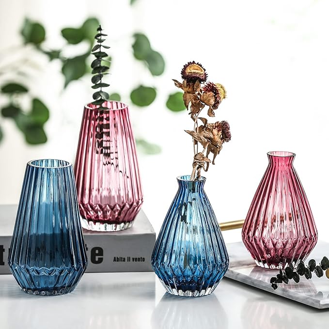 G Red Glass Vases Home Decor, Fluted Glass Vase Hand Blown Thickened Floral Vase for Home Office Party 5.2" H