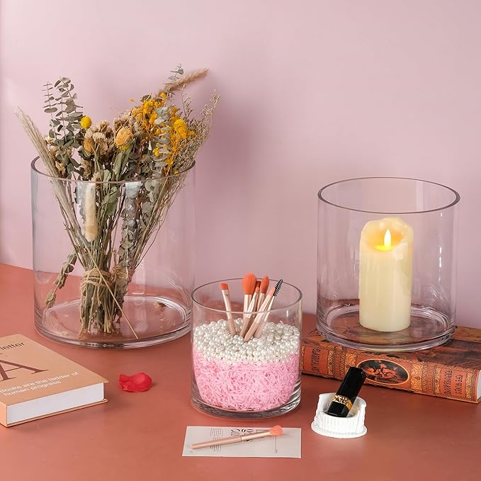 10" Wide 10" Tall Large Hand Blown Sturdy Clear Cylinder Glass Vase, Centerpiece Flower Vase for Rose, Tulip, Boquets, Hurricane Candle Holder (1, 10"x10")