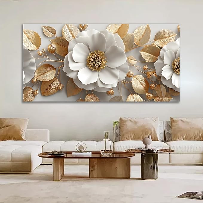 Tarfupth Floral Canvas Wall Art for Living Room Gold and White Flowers Large Botanical Artwork for Bedroom Office Home Decor Canvas Prints 29"x58"