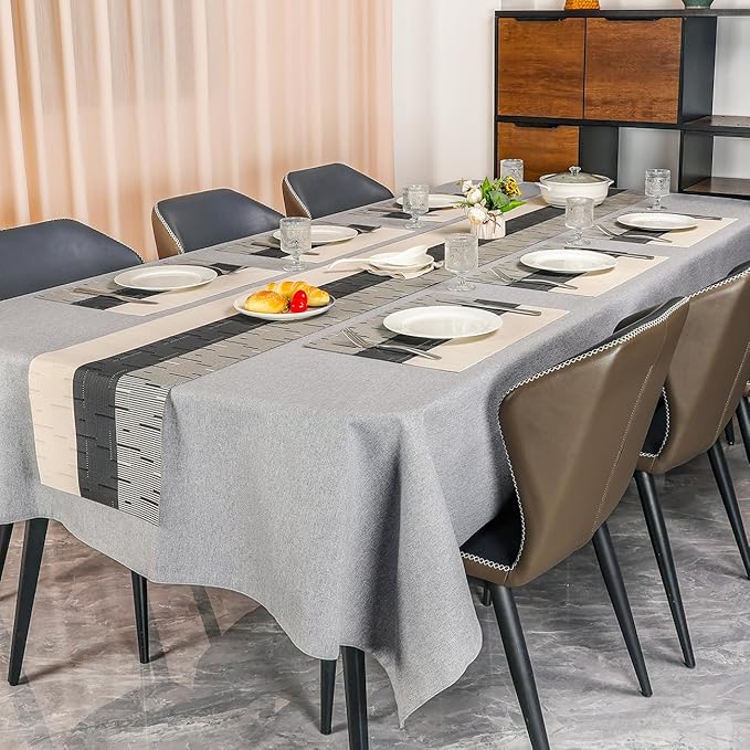 Placemats Set of 4, Vinyl Woven Place Mats Indoor Set of 4 Washable Wipeable PVC Table Mats Heat-Resistant Non Slip Plastic Placemat for Kitchen Dining Outdoor Table (Beige Black, Set of 4)