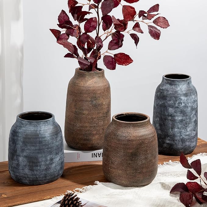 Briful 8.3in Rustic Ceramic Vase, Brown Vintage Flowers Vase, Extra-Large Rustic Farmhouse Vase, Whitewashed Terra Cotta Vase, Antique Pottery Pampas Vase for Home Living Room Kitchen Mantel Decor