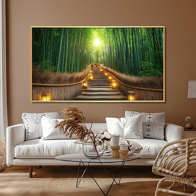 Bamboo Forest Canvas Wall Art, Kyoto Japan Bamboo Picture Prints, Nature Wall Decor, Home Decor for Bedroom, Living Room (Black Framed, 30"x17"|76x43cm)