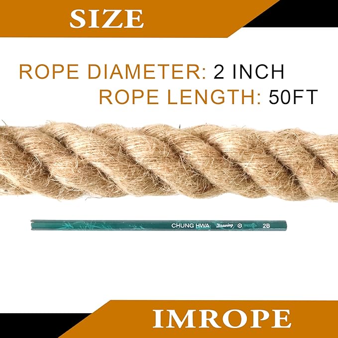 2 Inch x 50 Ft Natural Jute Rope, IMROPE Twisted Jute Rope 4 Strands for Arts Crafts, Swing, Garden, Home Decorating, Hammock, Tug of War