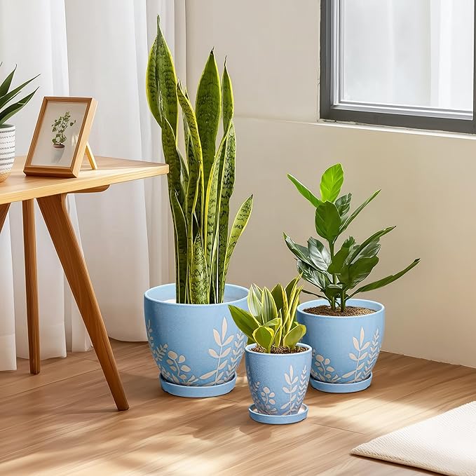 8 Inch Ceramic Plant Pot with Drainage and Saucer - Round Flower Pot for Indoor Outdoor Plants, Round Planter, Desk Office Room Home Decor, Gifts for Plant Lovers, Blue