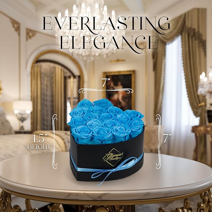 GLAMOUR BOUTIQUE 16 Flower Forever Heart Shape Box - Preserved Roses Gift for Her, Preserved Flowers, Teal