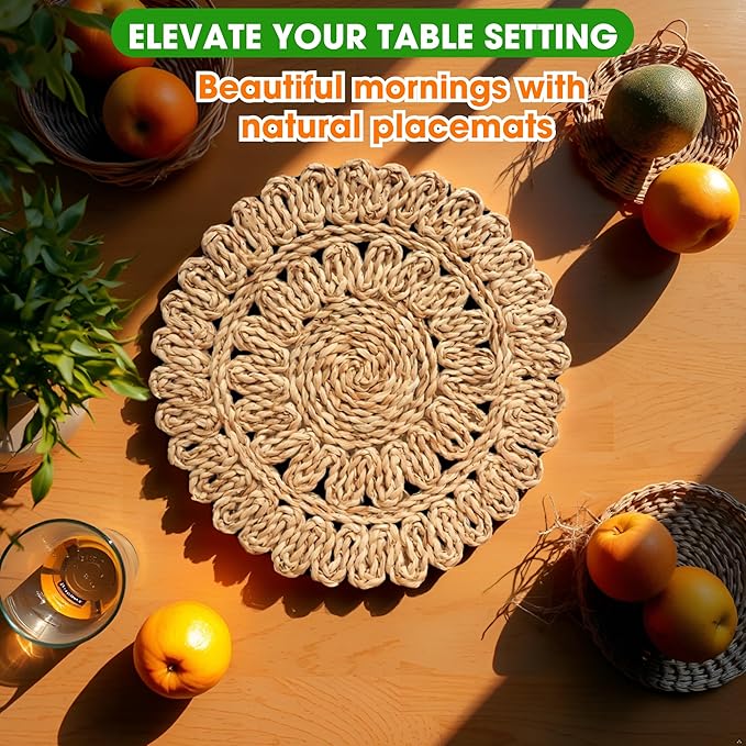Handmade Round Woven Placemats Set of 6 β Natural Corn Husk Woven Place Mats β Heat Resistant, Non-Slip Wicker Table Mats β Rattan Round Placemats β for Dining, Weddings, Christmas & New Year DΓ©cor
