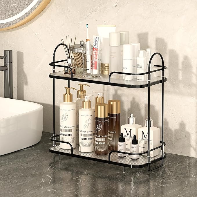 FOLLOWIN 2 Tier Bathroom Counter Organizers and Storage,Make Up Organizers for Counter,Skincare Cosmetic Vanity Perfume Organizers,Makeup Shelf,Elegant Black
