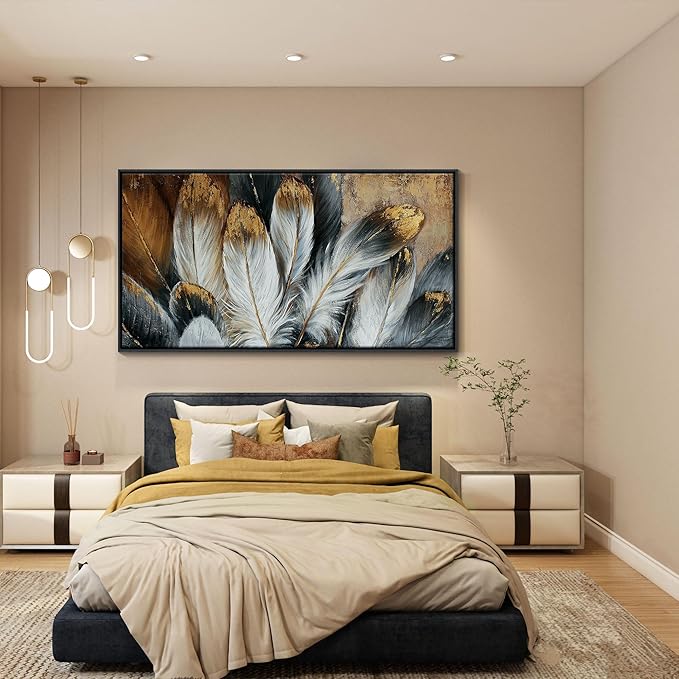 Mofutinpo Framed Wall Art Modern Living Room Bedroom Wall Decoration Large Canvas Painting Artwork for Home Decor Gold Brown Feather Picture Ready to Hang 30x60 Size Black Framed