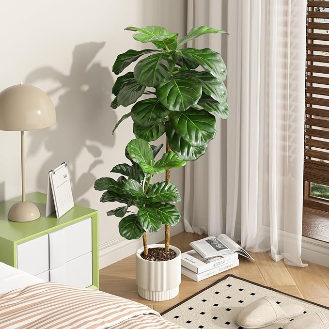 VECELO Artificial Fiddle Leaf Fig Tree 4FT(51in), Tall Fake Floor Plants with Realistic Leaves and Branches in Plastic Pot for Indoor Outdoor Living Room Home Decor