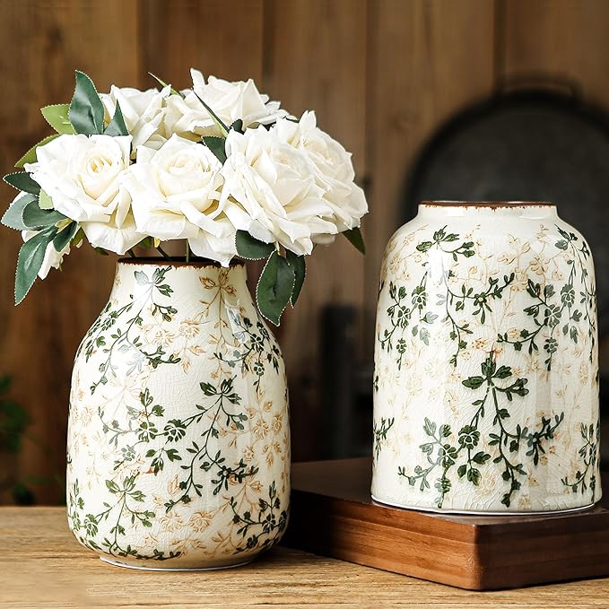 Green Vintage Vase, Chinoiserie Floral Vases, Retro Ice Cracked Ceramic Large Vases for Home Decors, Living Room, Bookshelf, Office, Grand Millennial Decor, Chinoiserie Decors, Tuscan Decor 7.8 Inch