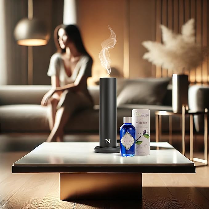 Dynamo Hotel Scent Diffuser – Cold-Air Essential Oil Diffuser for Home & Large Rooms up to 1000 sq ft, App & Manual Control, Hypoallergenic, Includes White Tea Fragrance Sample – Black