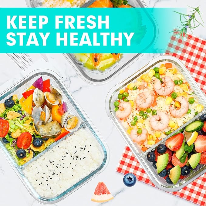 VERONES 5 Pack Glass Meal Prep Containers 2 Compartment Set, 36OZ Airtight Glass Lunch Containers, Glass Food Storage Containers with Lids, for Microwave, Oven, Freezer & Dishwasher Friendly,Green