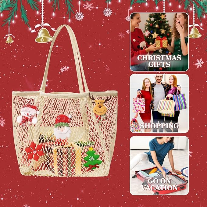 Ofiray-home Cotton Christmas Tote Bag for Woman, Reusable Mesh Grocery Bags with Handles, Greeting Card, Ideal Xmas Gift