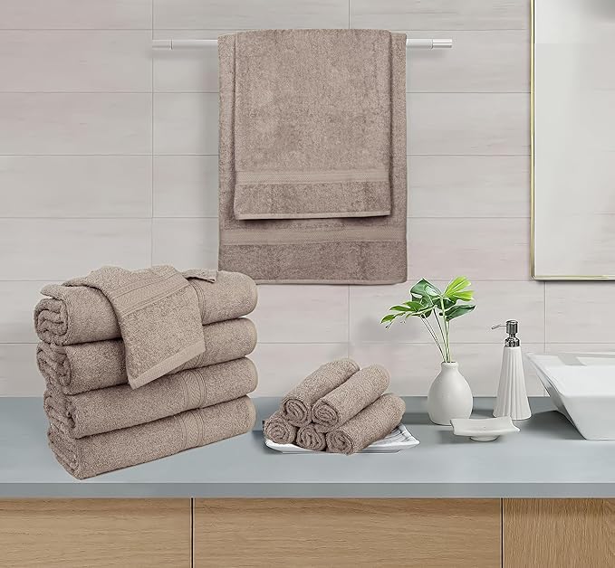 HILLFAIR 24 Piece Bath Towels Set for Bathroom- 100% Cotton 24 PC Bulk Pack Hotel Spa Towel Set- 2 XXL Oversized Big Towels, 4 Bath Towels, 6 Hand Towels, 4 Fingertip Towels, 8 Washcloths: Taupe
