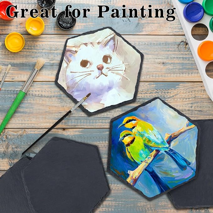 50 Pieces Slate Coasters, 4 Inch Hexagonal Black Stone Coaster Bulk for Drinks Hexagon Blank Natural Handmade Rock Coasters for Laser Engraving, Coffee, Wooden Table, Home Decor, Bar, Gifts