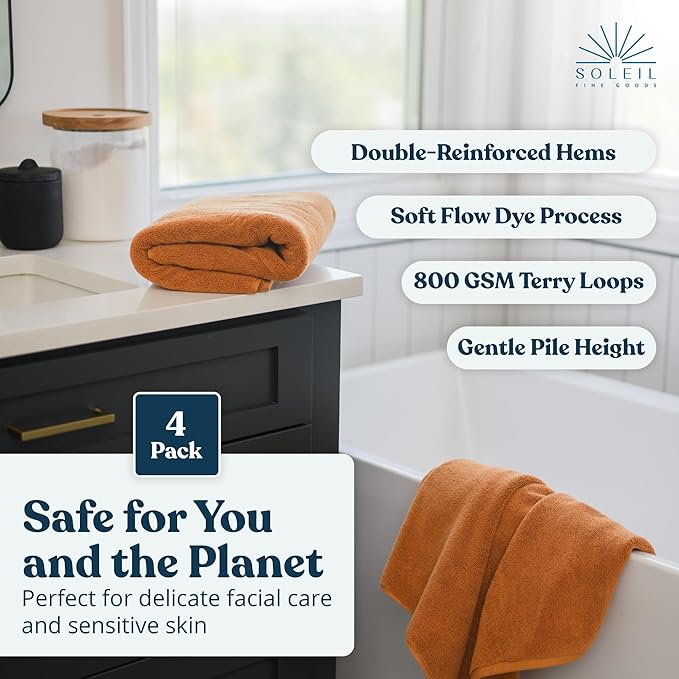 Soleil Fine Goods Luxurious 800 GSM 100% Cotton Bath Towel Set (4-Pack, 27x54) - Heavyweight & Ultra Absorbent, Plush Softness for Bathroom | Hotel & Spa Quality Luxury Towels- Brown Amber