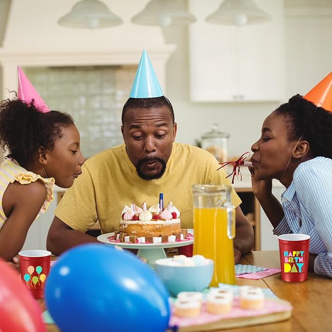 16 oz. Party Cups 'Happy Birthday' Balloon Design for Cold Drinks, Durable, Disposable, Recyclable, Made in USA, Red, 12 Count