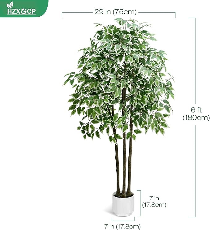 Faux Fiddle Leaf Fig Tree, 6ft Faux Plant Fake Ficus Silk Trees with White Planter, Artificial Fig Trees Floor Plants for House Office Living Room Indoor Home Decor (ficus Tree)