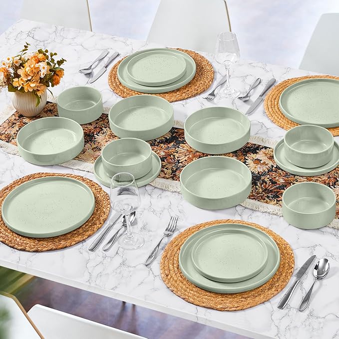 Herogo 16 Piece Plates and Bowls Set, Porcelain Dinnerware Sets with Pasta Bowls, Kitchen Dinner Ware Dishes Service for 4, Chip & Scratch Resistant Dishware, Speckled Light Green