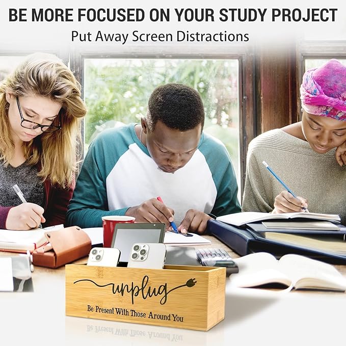 Bamboo Wood Phone Box – Unplug from Phones, Tablets, and Electronics for Study, Meetings, and Family Time, Phone Holder Organizer with Charging Holes, Farmhouse Style, Holds Up to 18 Phones-Wood