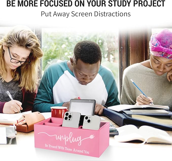 Bamboo Wood Phone Box – Unplug from Phones, Tablets, and Electronics for Study, Meetings, and Family Time, Phone Holder Organizer with Charging Holes, Farmhouse Style, Holds Up to 18 Phones-Pink